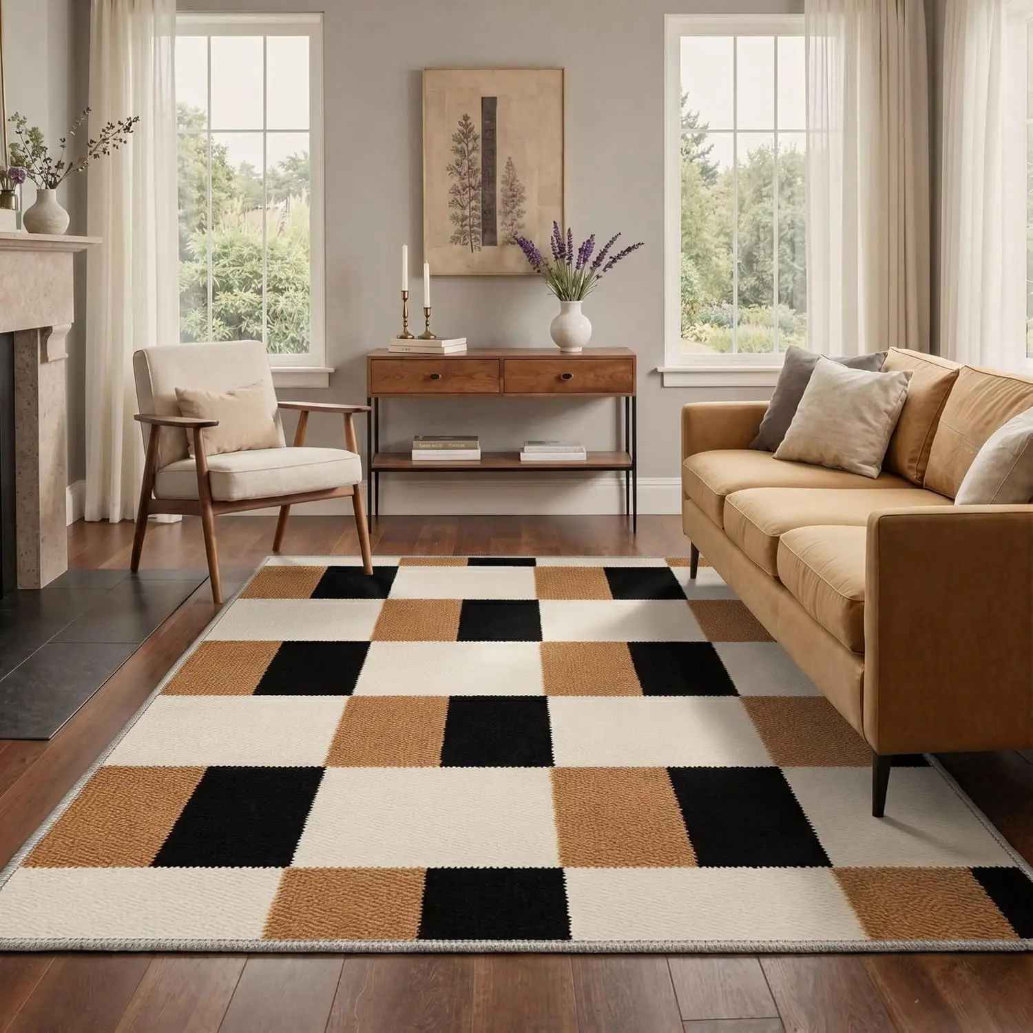 【Back To School】GENIMO Washable Rug Non Slip Low Pile Checkerboard Print Pattern, Light Weight Area Rugs for Living Room Bedroom Dining Room, Modern Minimalist Caramel Cream