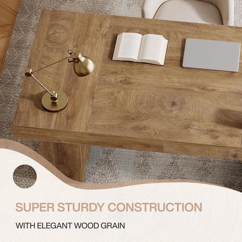 LITTLE TREE 55 Inches Executive Desk, Mid-Century Modern Home Office Desk with Double Trapezoid Base, Wood Computer Desk Business Workstation Desk Small Conference Table