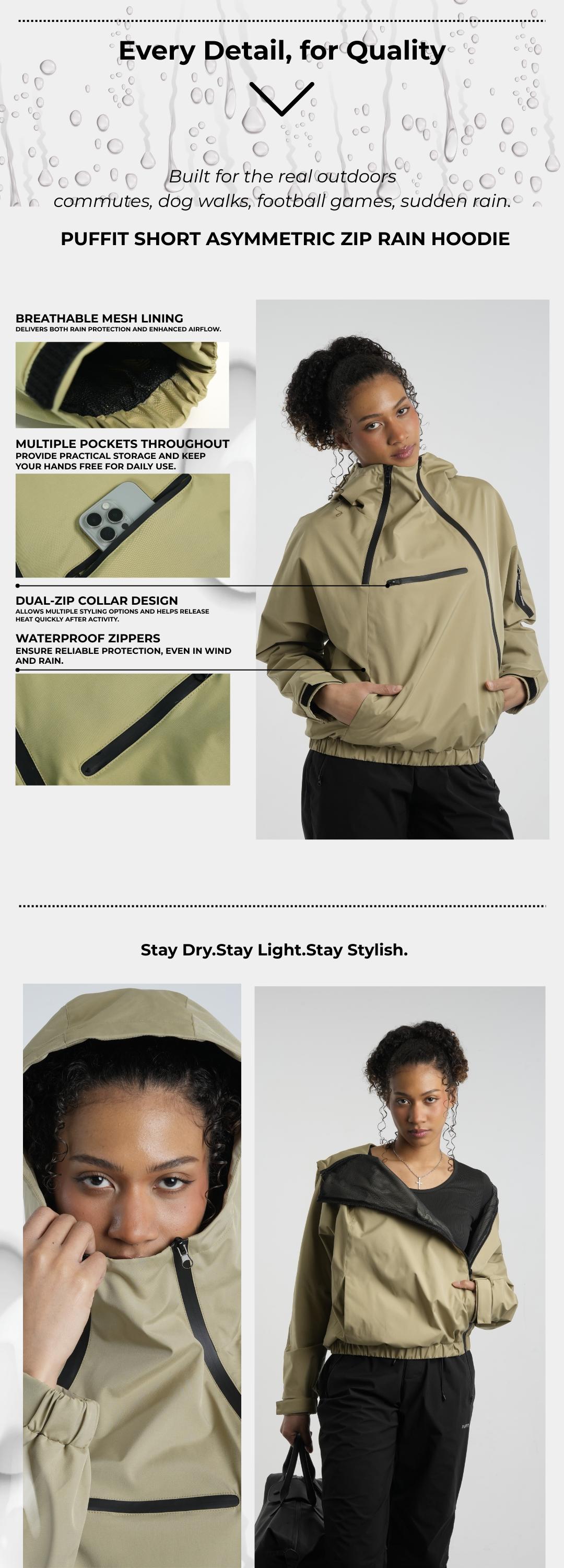 PUFFIT STM-TEX Short Rain Hoodie With Asymmetric Zip and Adjustable Hem,Chest Pocket Design,Spring Hooded Jacket,Waterproof Jacket,Women Jacket,Spring Jacket,Windbreaker,Dog Walking,School Running,Football Mum