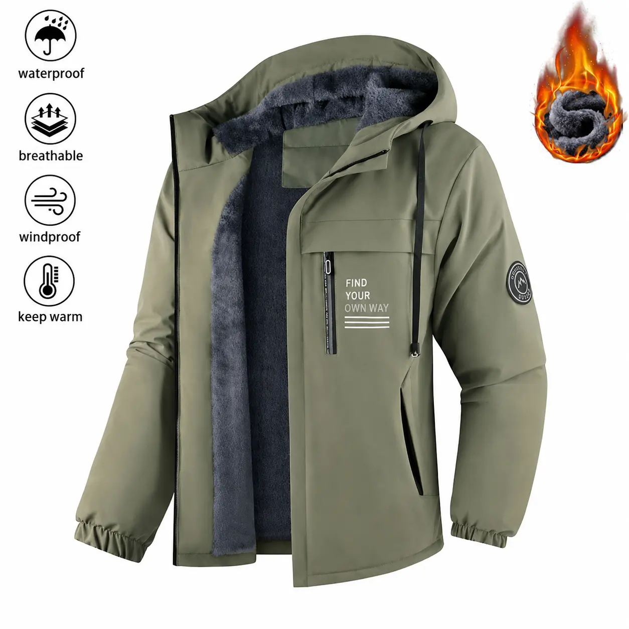 Men’s Thickened Warm Fleece Hooded Jacket – Windproof, Waterproof, Insulated Casual Sports Outerwear for Outdoor Activities and Cold Weather, Machine Washable; Thickened, Comfortable Winter Lining Jacket, Western Men’s Clothing