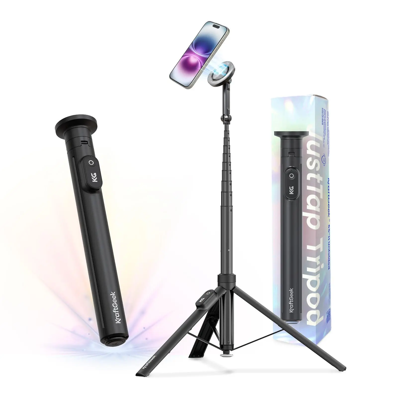 KraftGeek JustTap 66" Auto-Open Tripod – MagSafe Version [Clamp Version（No magnetic attraction） in Same Link]with Remote, for iPhone/Android, Vlog/Travel，Black/White/Pink, Accessories, Smartphone, Mobile