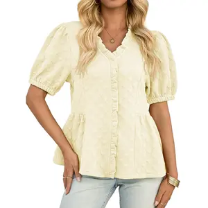 Cicy Bell Womens Peplum Puff Sleeve Tops Dressy Casual Summer Textured Blouses V Neck Ruffle Pleated Shirts Oversized Loose