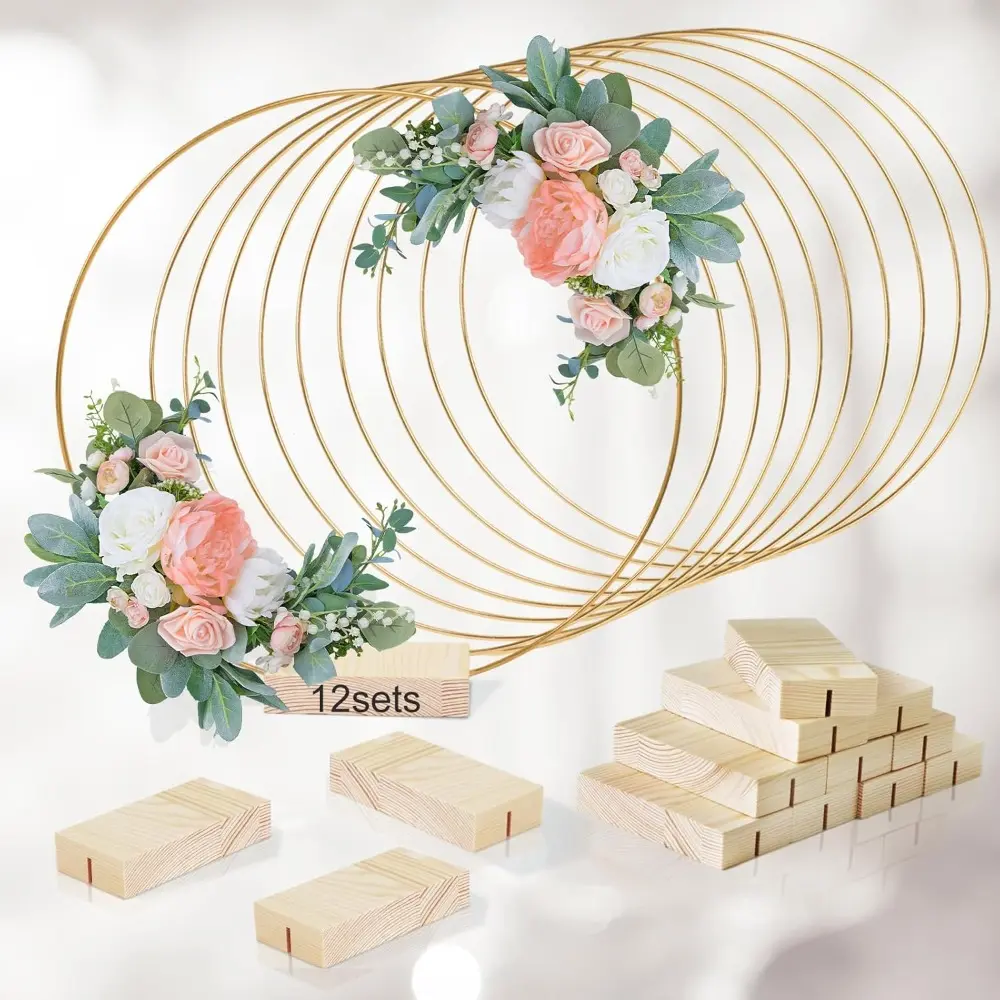 12Pcs 12 Inch Floral Hoop Centerpiece Table Decorations, Metal Pieces Decoration For Table With Wood Base, Table Centerpieces For DIY Wedding Decor Wall Hanging Crafts