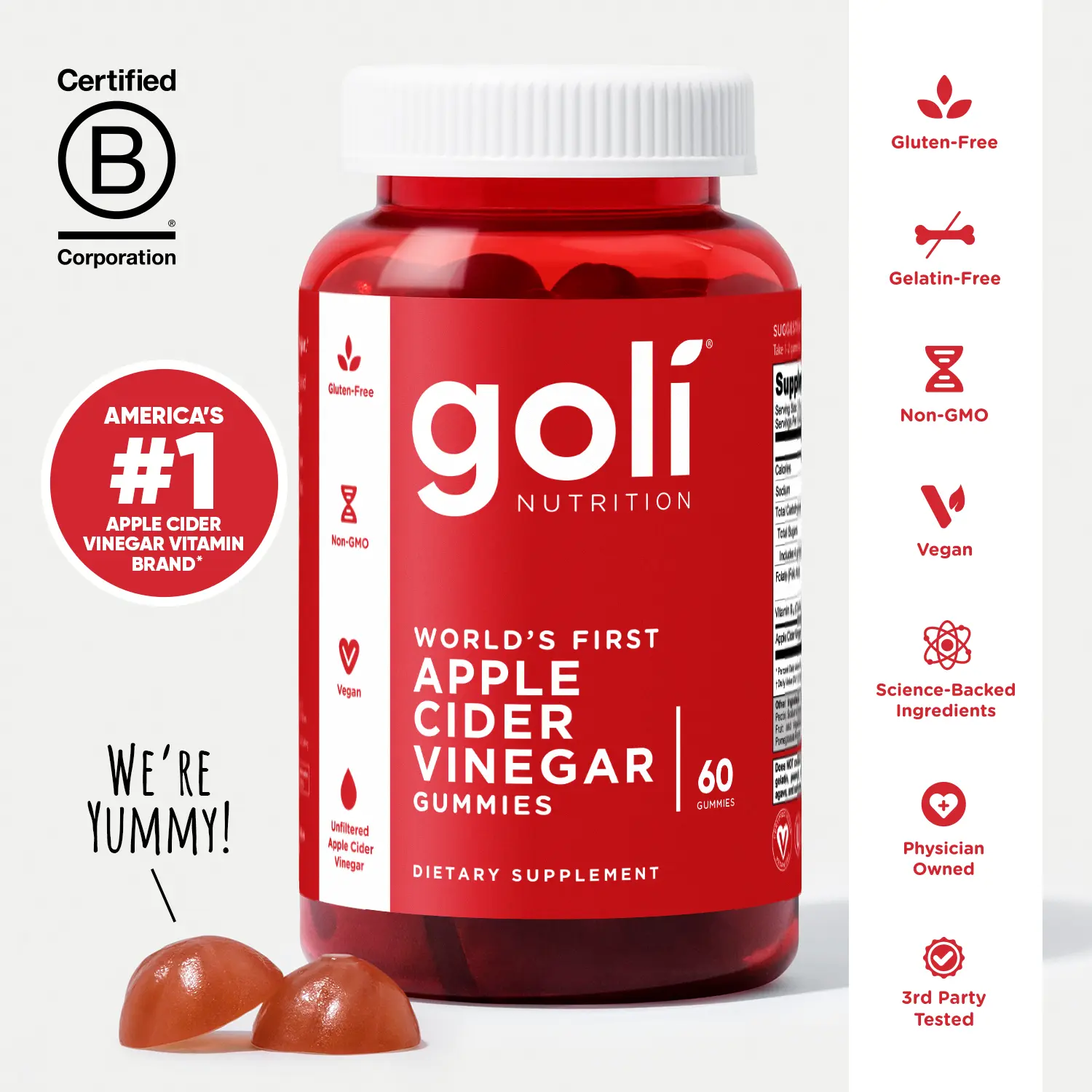 Goli Apple Cider Vinegar Gummy Vitamins, World's First - Vitamin B12, Gelatin-Free, Gluten-Free, Vegan & Non-GMO. America's #1 Apple Cider Vinegar Vitamin Brand