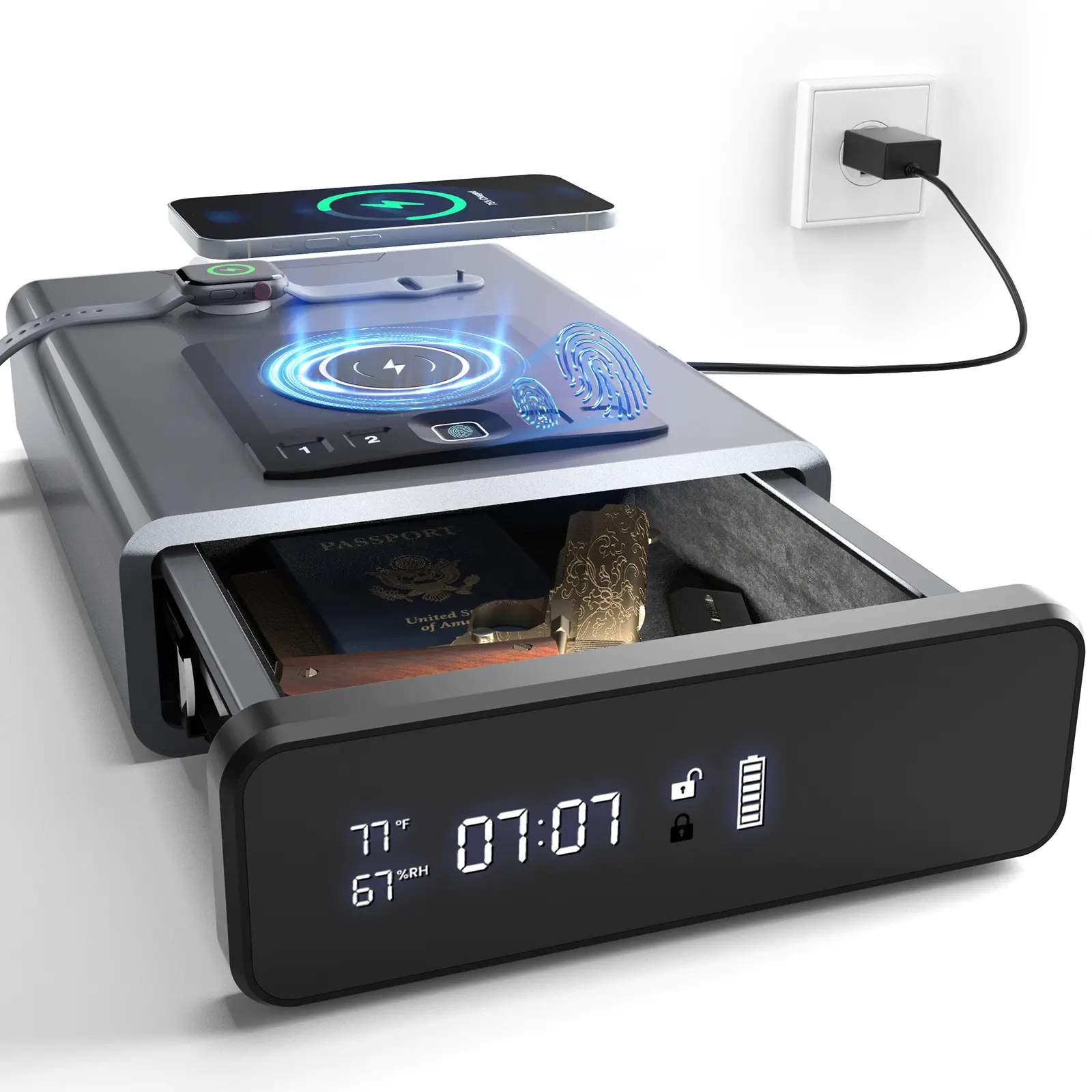 Smart Biometric Fingerprint Safe - DOJ Certified Alloy Digital Lock Safe with LED Clock, LED Light, 2-in-1 Wireless Phone Charging, Auto Pop-up, 0.23 cu.ft. - College Dorm Back to School Essential Nightstand Storage Gift,back to school,back to school haul
