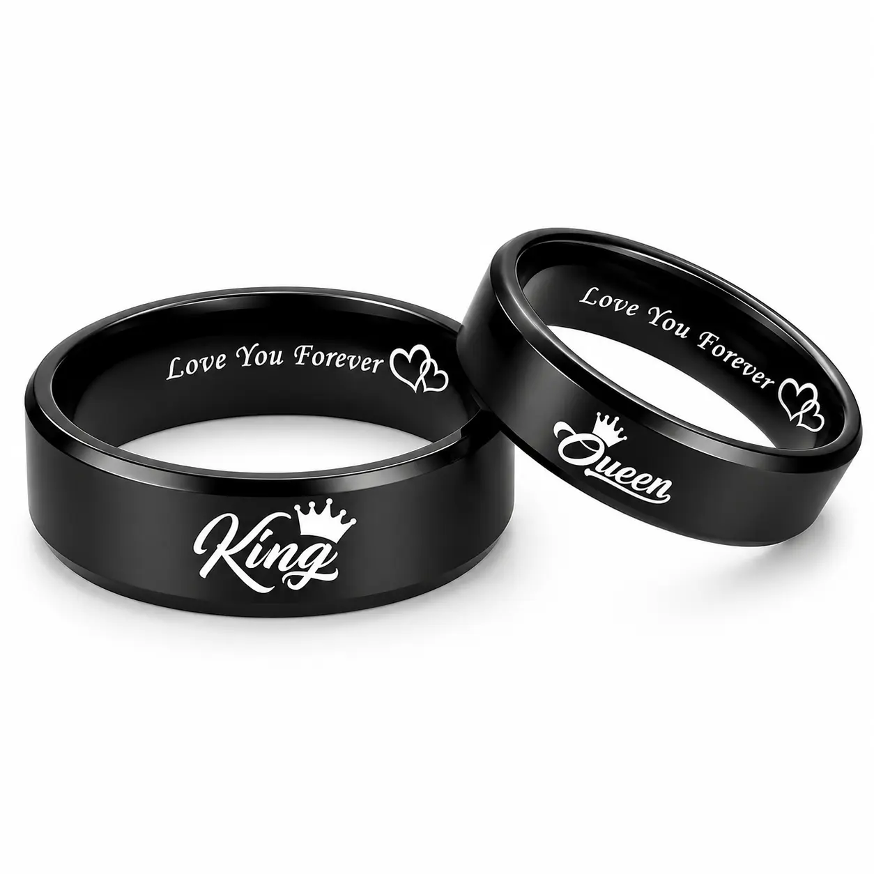 Titanium Steel King-Queen Couple Rings, Heart-to-Heart Design Fashion Costume Jewelry, Dark Black Hammered Tungsten Wedding Engagement Rings for Romantic Gifting, Timeless Vintage Minimalist Openwork Accessory for Daily Dates elegant all-match simple gift