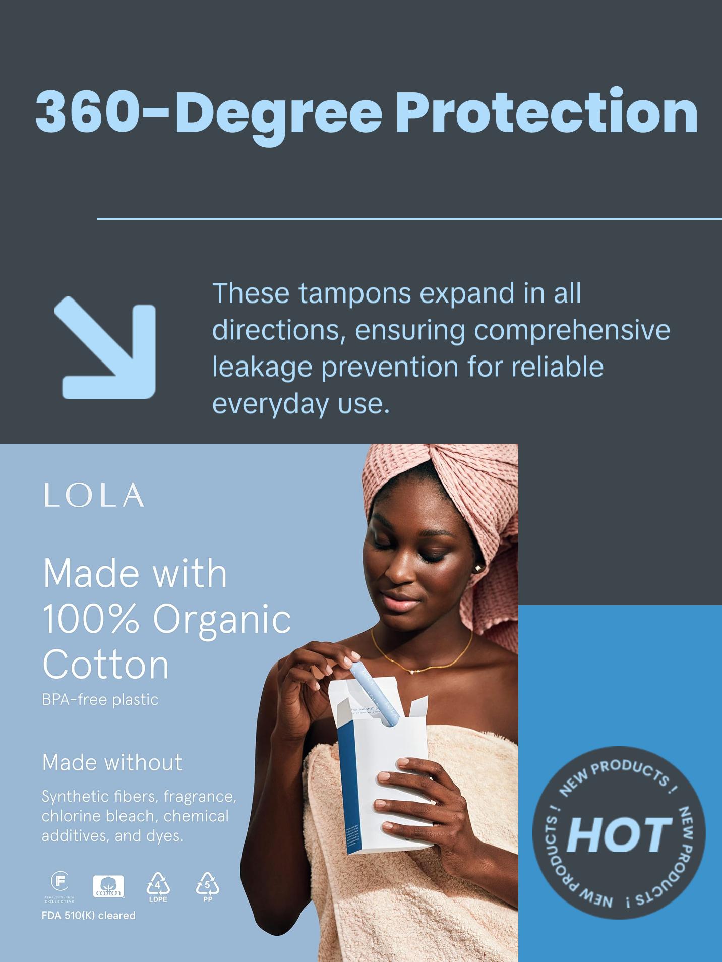 LOLA Regular Organic Cotton Tampons 16ct | 360-Degree Leak Protection | BPA-Free Plastic Applicator | HSA FSA Approved | 100% Natural Absorbent Cotton | Period Care LOLA Regular Organic Cotton Tampons 16ct | 360-Degree Leak Protection | BPA-Free Plastic Applicator | HSA FSA Approved | 100% Natural Absorbent Cotton | Period Care