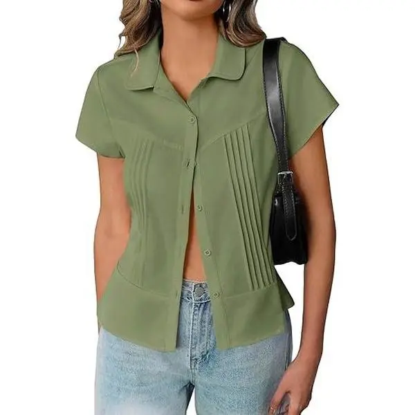Cicy Bell  Womens Short Sleeve Button Down Shirts Pleated Slim Fit Summer Dressy Casual Blouses Shortsleeve Womenswear