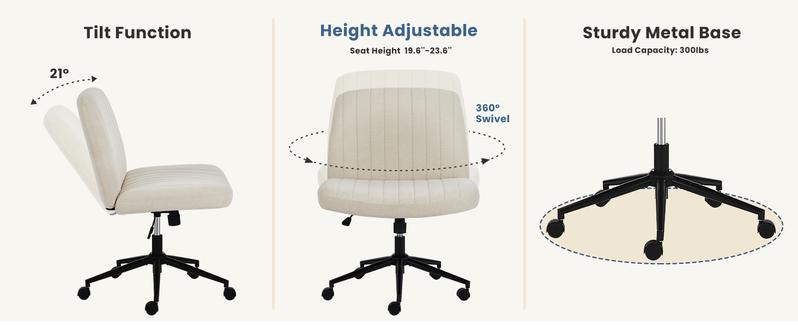 Height Adjustable Criss Cross Chair with Wheels  - Armless Desk Chair Cross Legged Office Chair Wide Swivel Home Office Desk Chairs