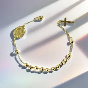 Gold Cross Prayer Beaded Bracelet with St Benedict Medal Pendant Adjustable Clasp Hypoallergenic Beads for Daily Wear and Meaningful Gifting Elegant Bangle Gold Bangles