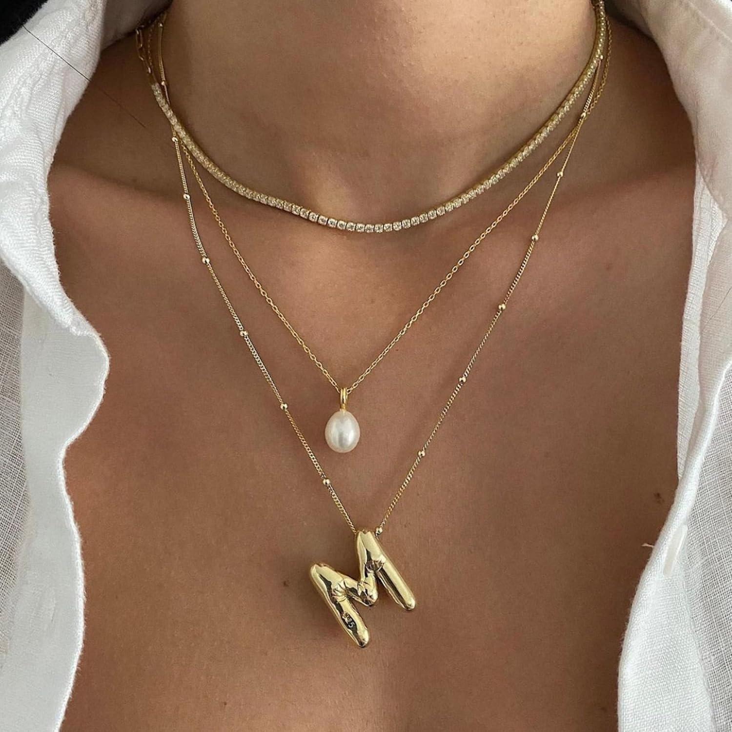 VENOCO Letter Necklace Balloon Initial Necklaces for Women Girls Dainty Alphabet Pendant 14K Gold Plated Puffy Name Personalized Jewelry Gift