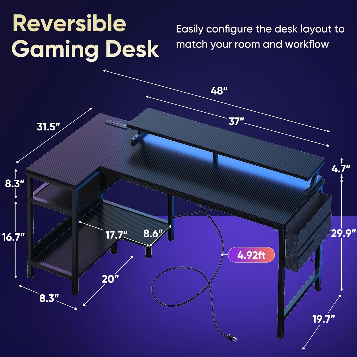 L Shaped Computer Desk with Power Outlets & USB Ports, 40"/48" Reversible Corner Desk with LED Lights, Storage Shelves & Monitor Stand for Home Office & Study, Black / White