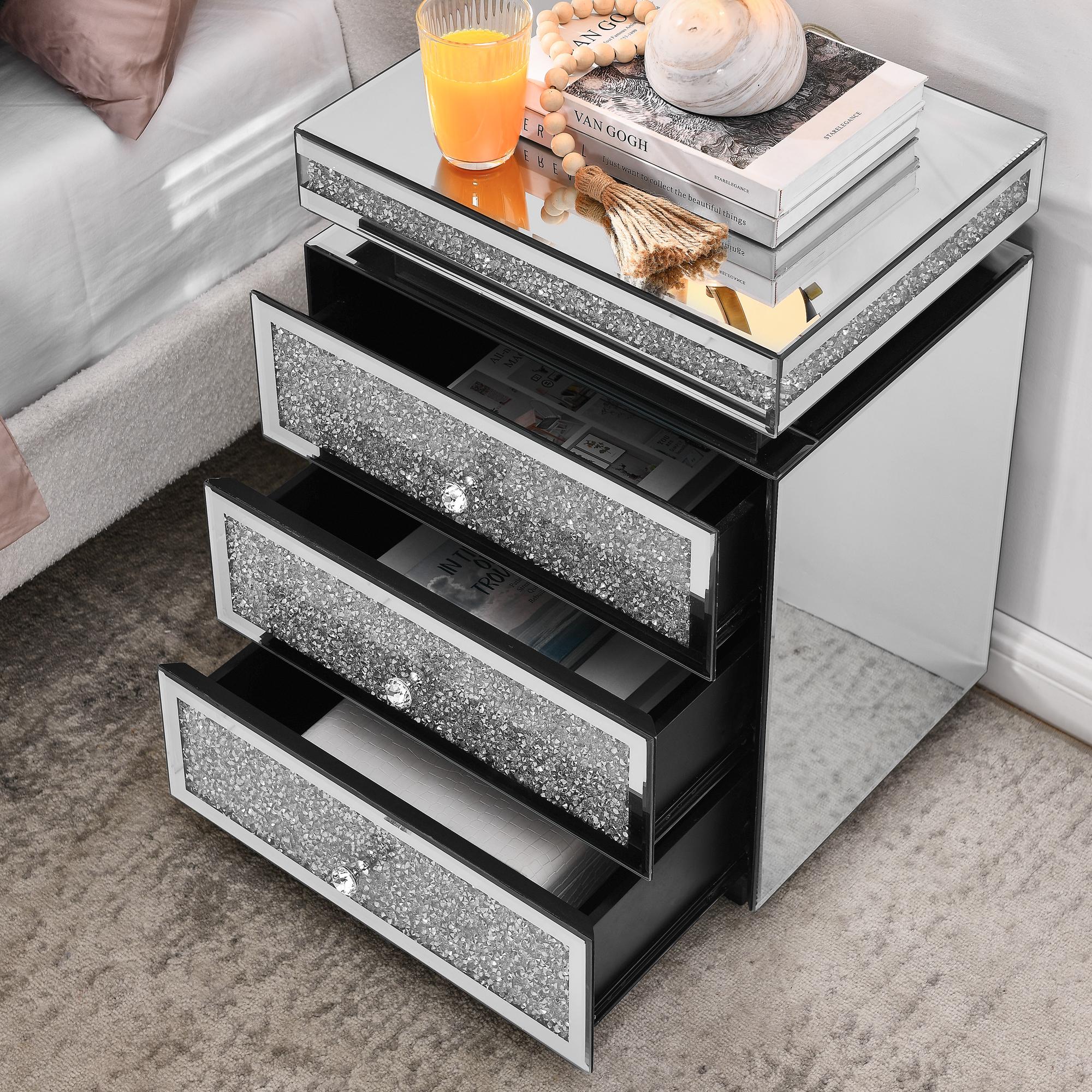 Mirrored Nightstand Modern Bedside Table with 3 Drawers, Silver End Table with Crystal Inlay, Bedside Table, Glass Table for Bedroom, 13.8''W x 17.7" L x 23.6" H