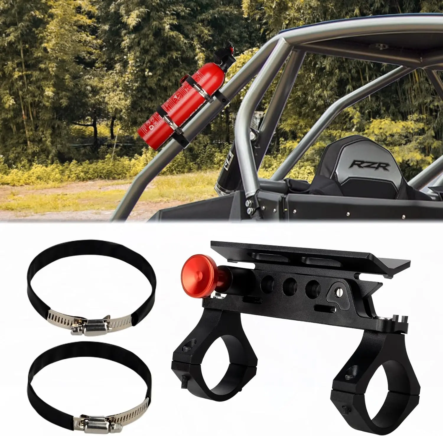 1x Aluminum UTV Fire Extinguisher Mount Holder (Can Use as Bottle Holder) - 2x Mounting Brackets, Quick Release, Adjustable, 1-Hand Install, Rust-Resistant, Fits 1.75"-2" Roll Bars, Compatible with Polaris RZR/Ranger, Can-Am Maverick, Kymco ATV, Kawasaki,