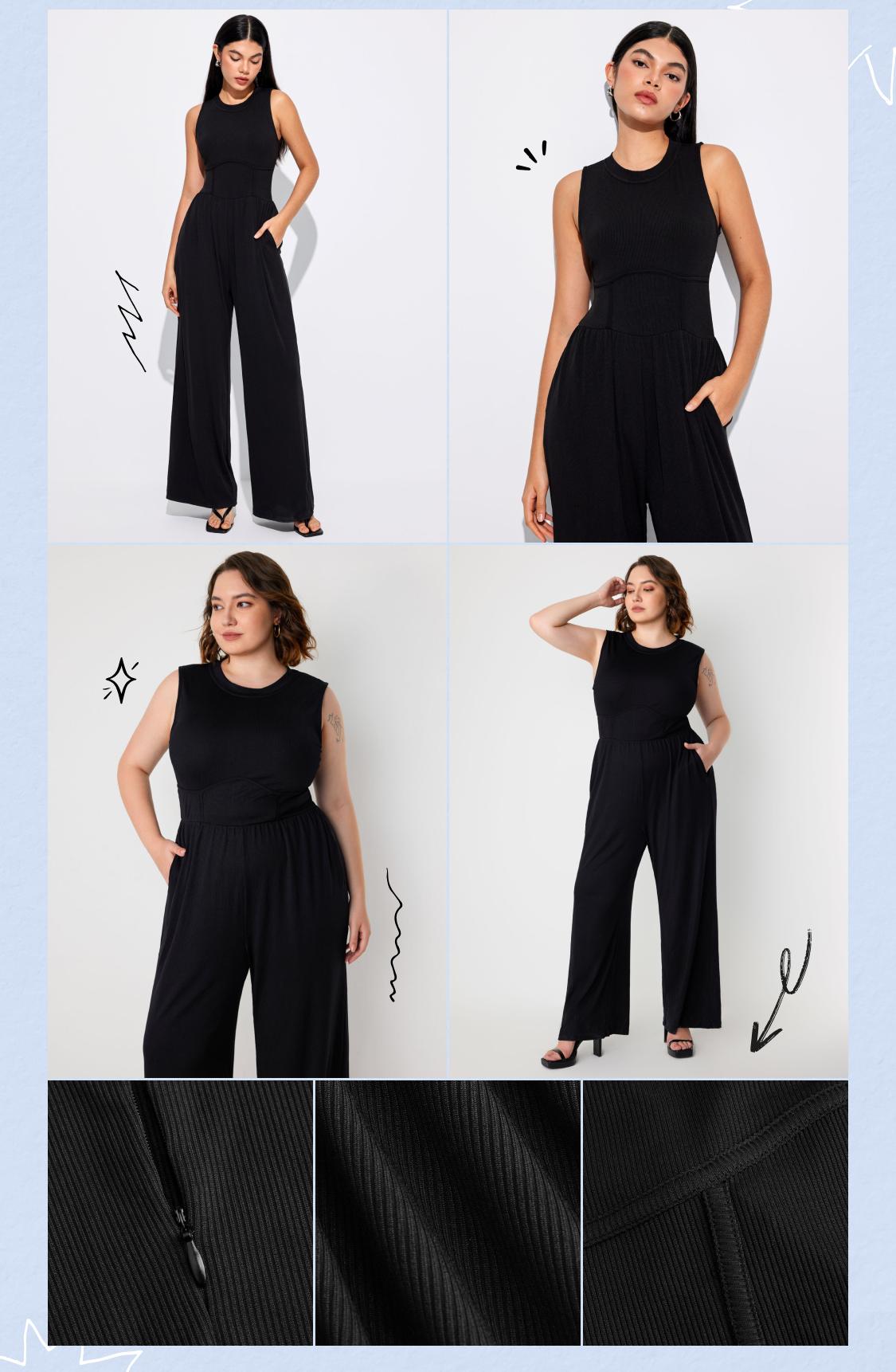 Cider Women's Round Neck Sleeveless Wide Leg Jumpsuit with Boning, Stretchy Pocket Jumpsuit, Summer Stretch Wide Leg Romper, Lady Comfortable Boning Jumpsuit, Casual Stretchy Pocket Outfits, Downtown Girl Summer Clothes