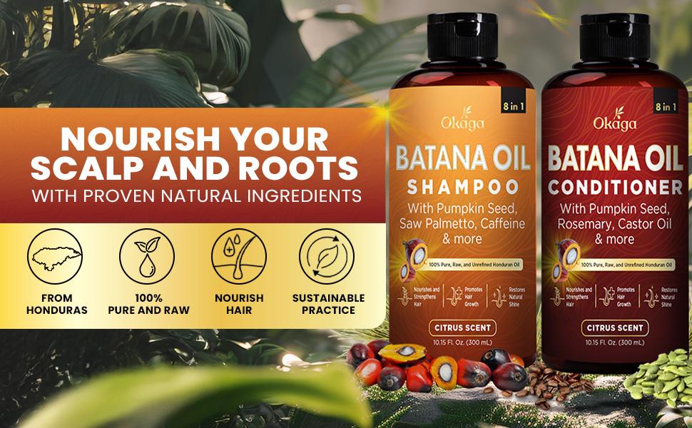 Okaga Shower Set - Batana Oil Shampoo & Conditioner - 8 in 1 Organic Haircare for Hair Growth Support, Cleansing, & Healthy Scalp - (2 x 300 mL)