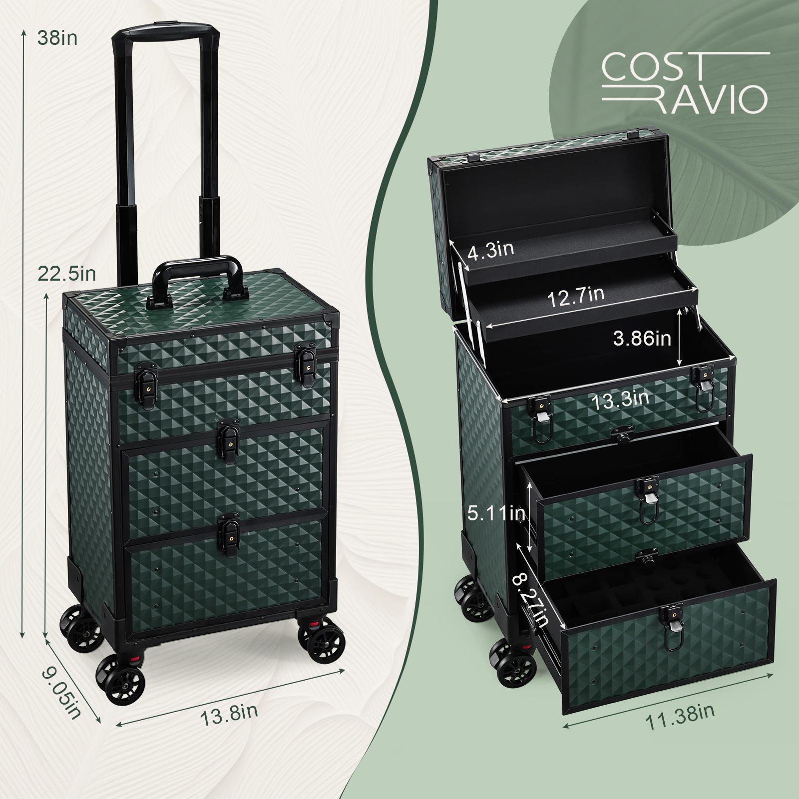 Rolling Makeup Case with Wheels Professional Cosmetology Trolley Case with 2 Large Drawers Travel Makeup Train Case with Pouch Nail Suitcase