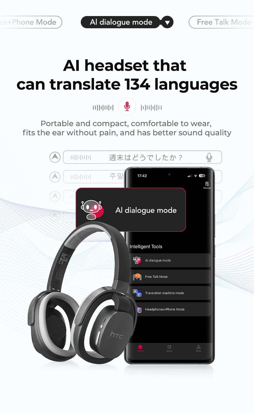 HTC HP07 AI Translating Headphones - 134 Language Real Time Translation Ultra Breathable Open Ear Design 30 Hour Battery HD Calls Sport Level Waterproof Lightweight Comfortable