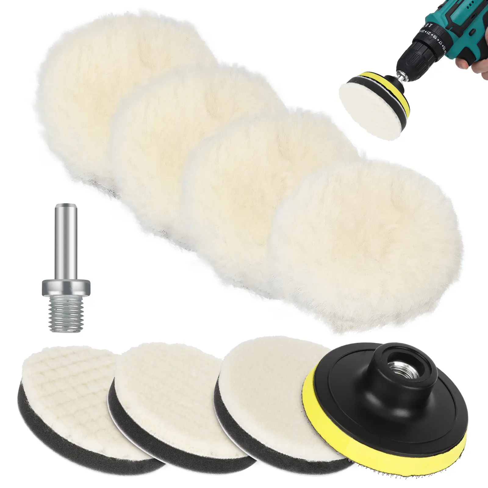 NSI 9Pcs 3inch Wool Polishing Buffing Pad Kit for drill - Soft Buffing Pads with M10 Drill Adapter, Hook and Loop Back,for Car, Automotive Furniture,Glass