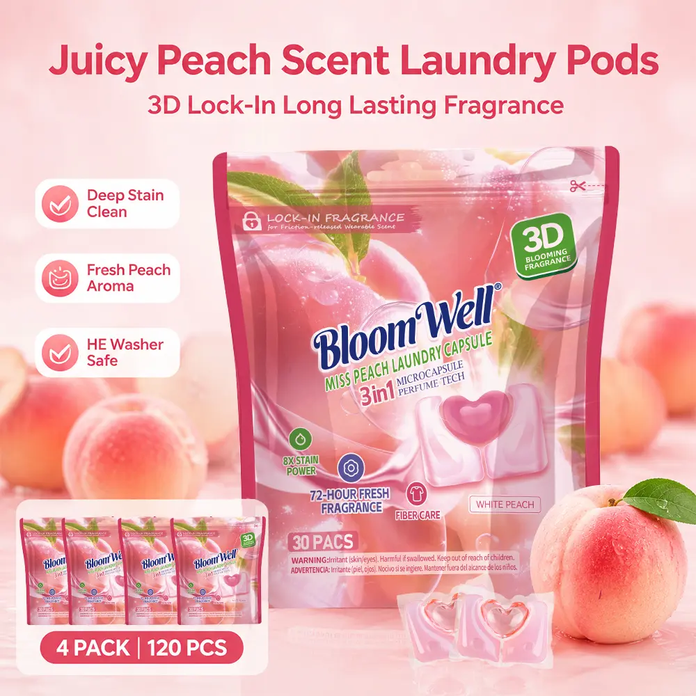 Powerful cleaning laundrypods Family Size laundrypods,  3D Lock-In Fragrance Microcapsule Technology Laundry Beads, Luxury Fragrance, Long-Lasting Scent, Miss Peach, Deep Cleaning, Stain Removal, HE Compatible,30 Pcs/Bag, 1 Bag/4 Bags Peach Scent