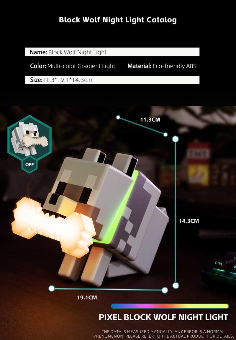 3D Printing Handmade Pixel Wolf LED Night Light with Glowing Bone & RGB Collar Stylish Room Decor Perfect Christmas New Year Gift Idea