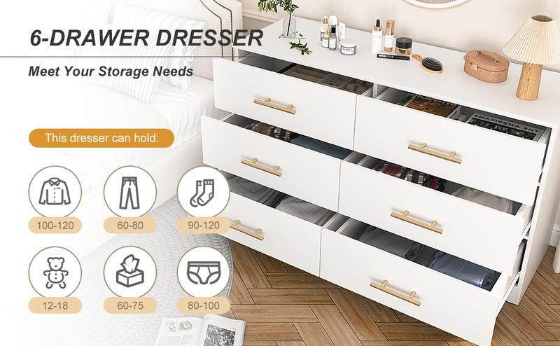 6 Drawer Wooden  Dresser, Large Storage Cabinet Modern Chest of 6 Drawers Night Table, Bedroom Storage Organizer, Storage Dresser Chest of Drawers for Bedroom, Closet, Living Room