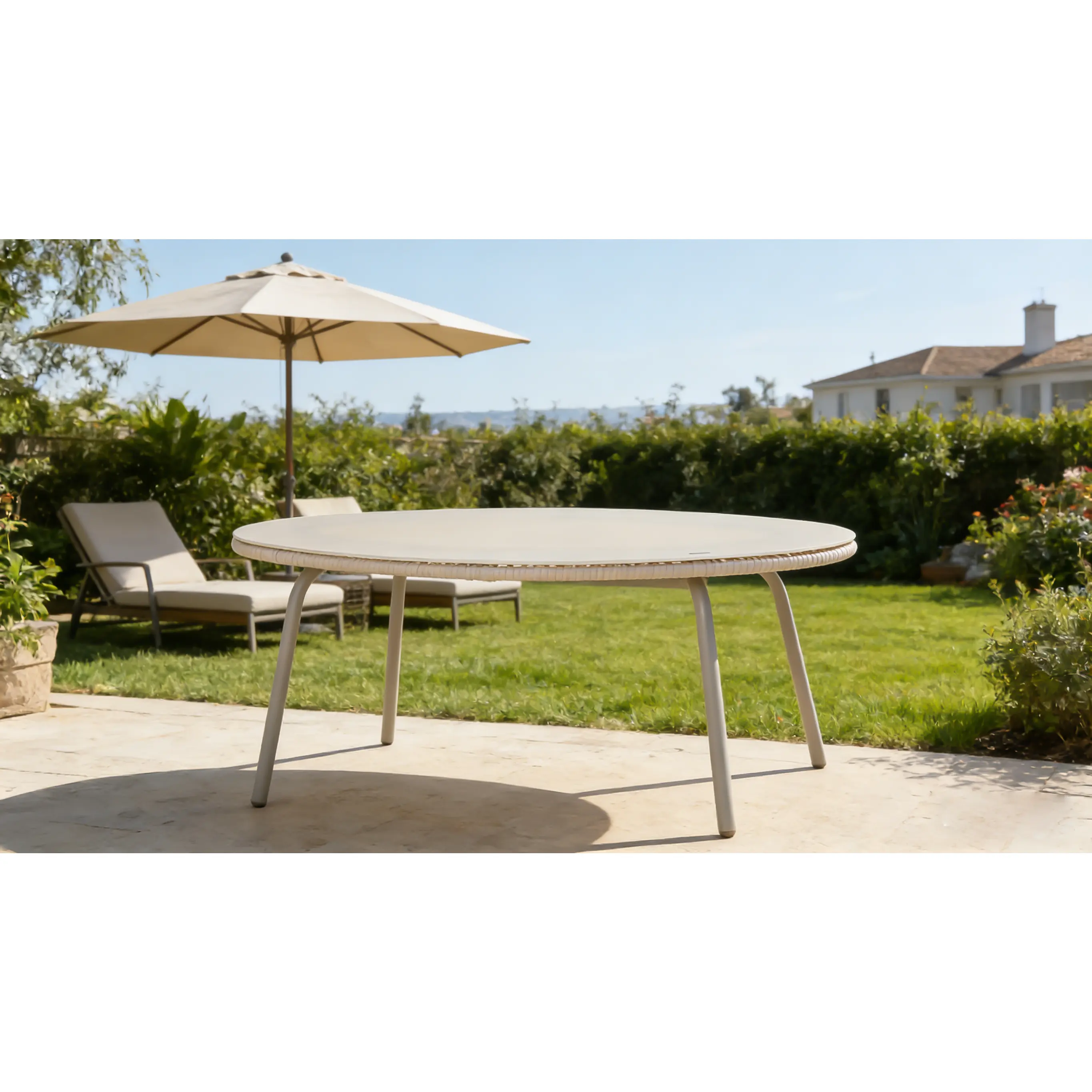 Round Outdoor Dining Table with Tempered Glass Top, Off-White Steel Frame, 31.5in Patio Coffee Table, 165lbs Capacity, Easy Clean