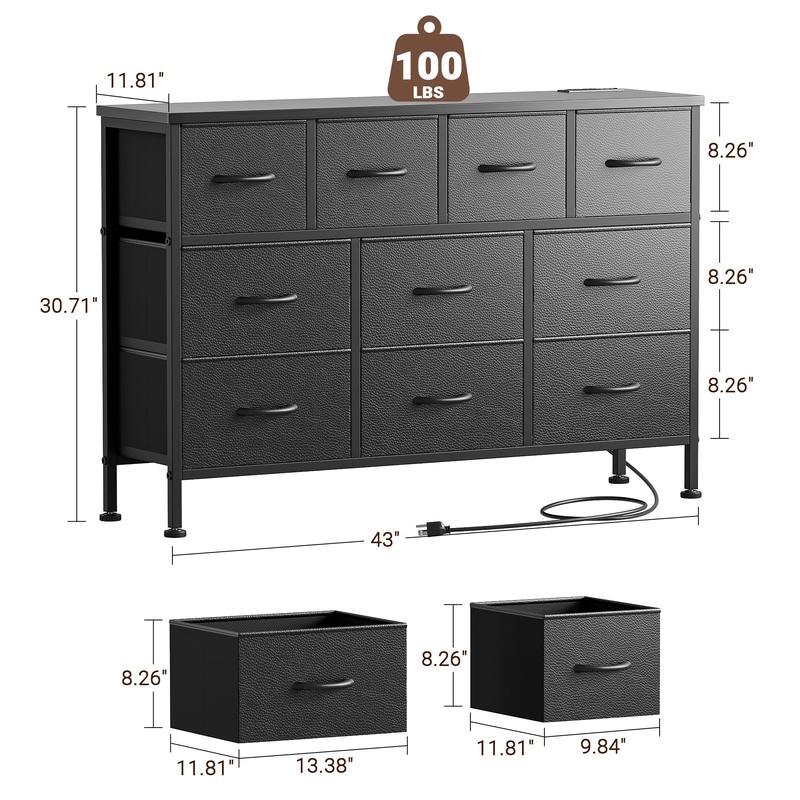 【BF&CM】AOWOS 10 Drawer Dresser, Dresser TV Stand with Power Outlet, Bedroom Dresser, Chest of Drawers for 55'' Long TV, Wide Fabric Dresser for Storage and Organization Modern Accent Cabinet