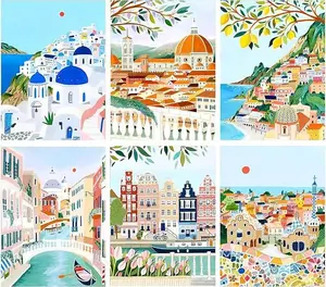 City Diamond Painting Kit, 1/3/6-Pack 5D DIY Vibrant Coastal Scene Design, Travel Inspired Craft Perfect for Wanderlust Home Wall Decor