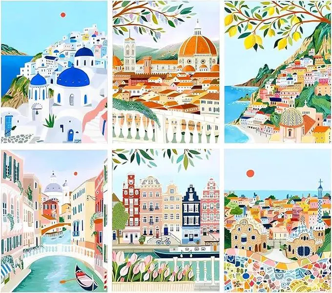 City Diamond Painting Kit, 1/3/6-Pack 5D DIY Vibrant Coastal Scene Design, Travel Inspired Craft Perfect for Wanderlust Home Wall Decor