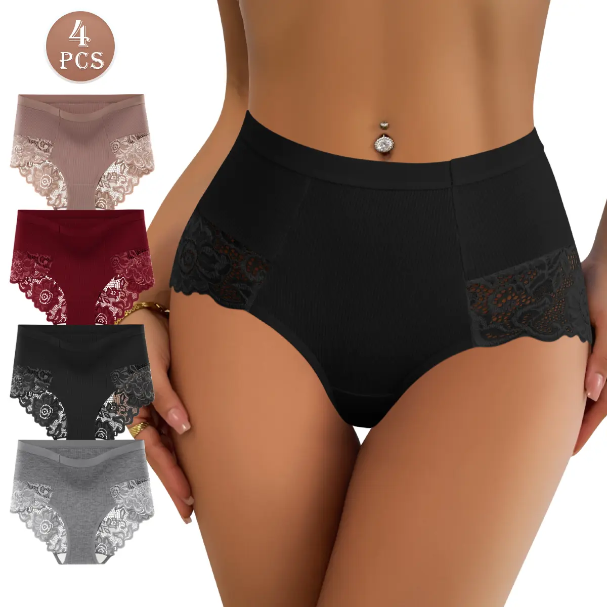 Women's 4-Pack High-Waisted Panties, Soft Cotton Lacy Underwear with Elegant Lace Trim, Breathable Fit S-XXL