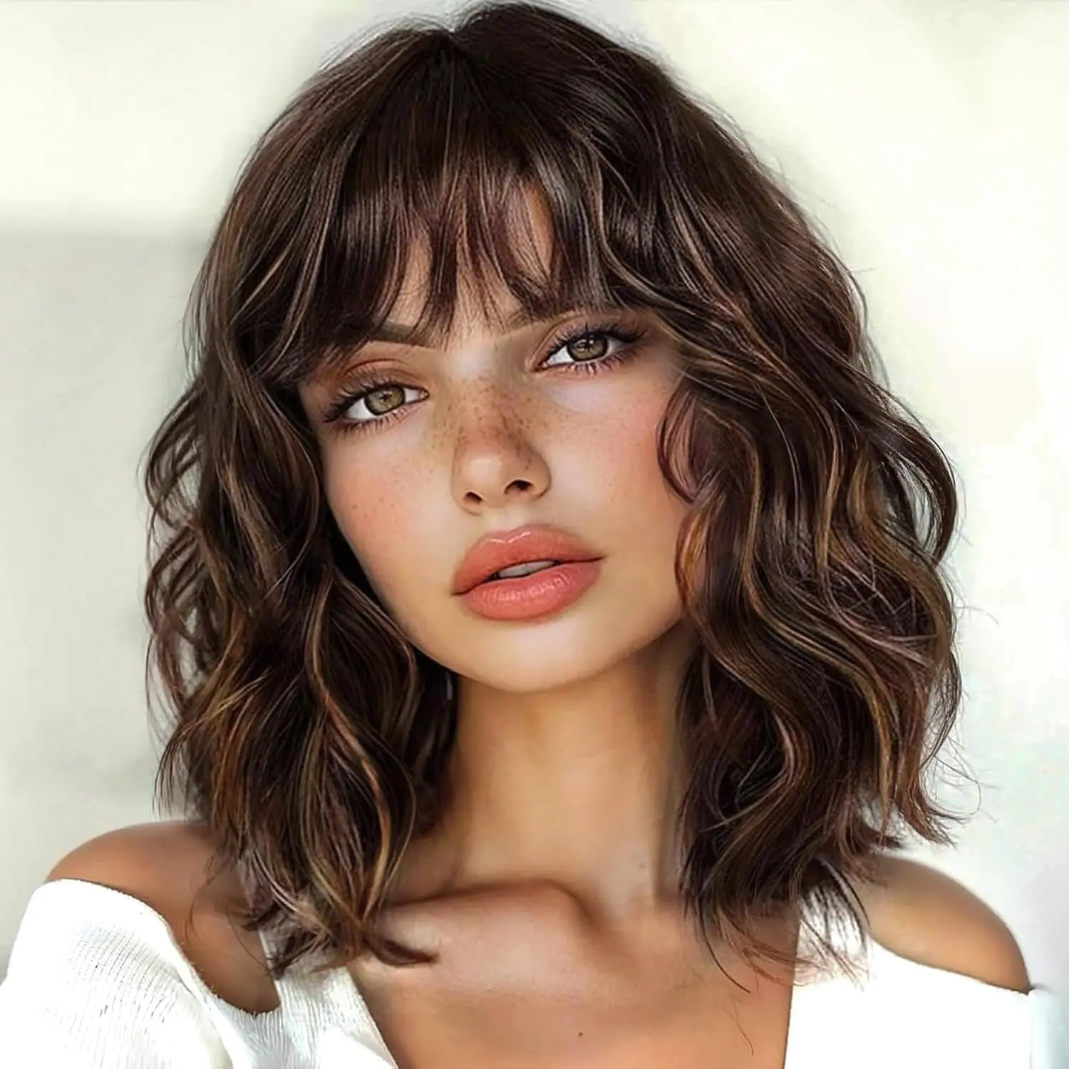 NAYASA Brown Highlight Wig with Bangs for Women Short Wavy Curly Brown Bob Wigs Medium Length 14 inch Synthetic Hair for Daily Party Use, No Glue Wig, Colored Bob Wig