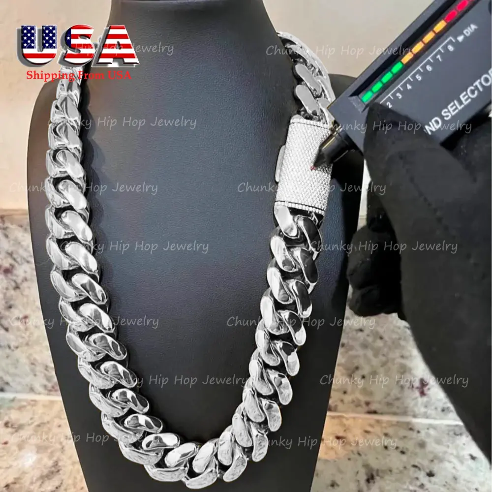 Men's Miami Cuban Link Chain, Heavyweight 316L Stainless Steel with Iced Out Moissanite Clasp, Hypoallergenic Never-Fade Finish, 12-22mm Necklaces, Heavy Chain, Chunky Necklace, 18-30 Inch, 18Mm, Adjustable, Bold Width, Chains