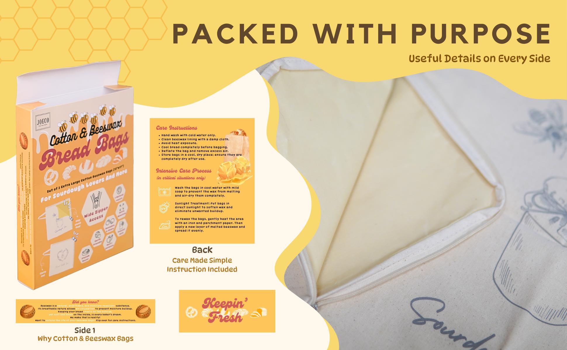 Wide Zipper Access Cotton & Beeswax Bread Bags for Sourdough (2 Pack) | Reusable Bread Bags for Homemade Bread | Cotton Beeswax Bags for Bread | XL Sourdough Storage | Beeswax Bags for Homemade Bread