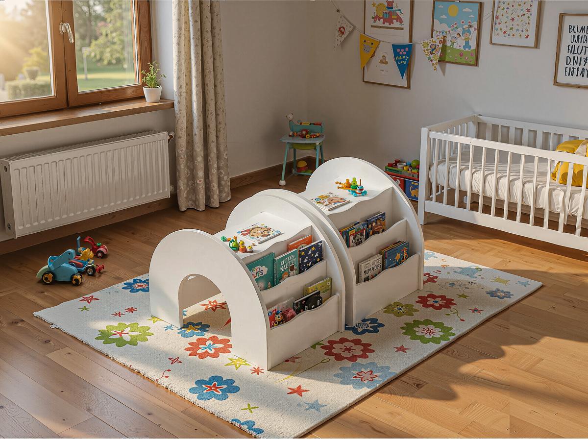 COZPAW 3-in-1 Kids Table and Chair Set, Toddler Activity Table with Book Shelf for Ages 2-7 | Arched Baby Bookshelf with Desk for Reading Drawing Playing (white)