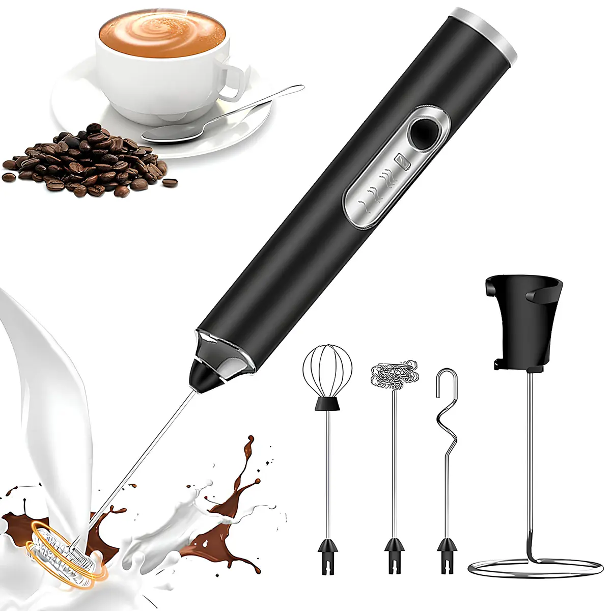 Electric Rechargeable Milk Frother, Handheld Coffee Frother with 3 Detachable Stainless Steel Whisks, 3-Speed Drink Mixer for Latte, Cappuccino, Matcha, Protein Powder, Hot Chocolate & Eggs