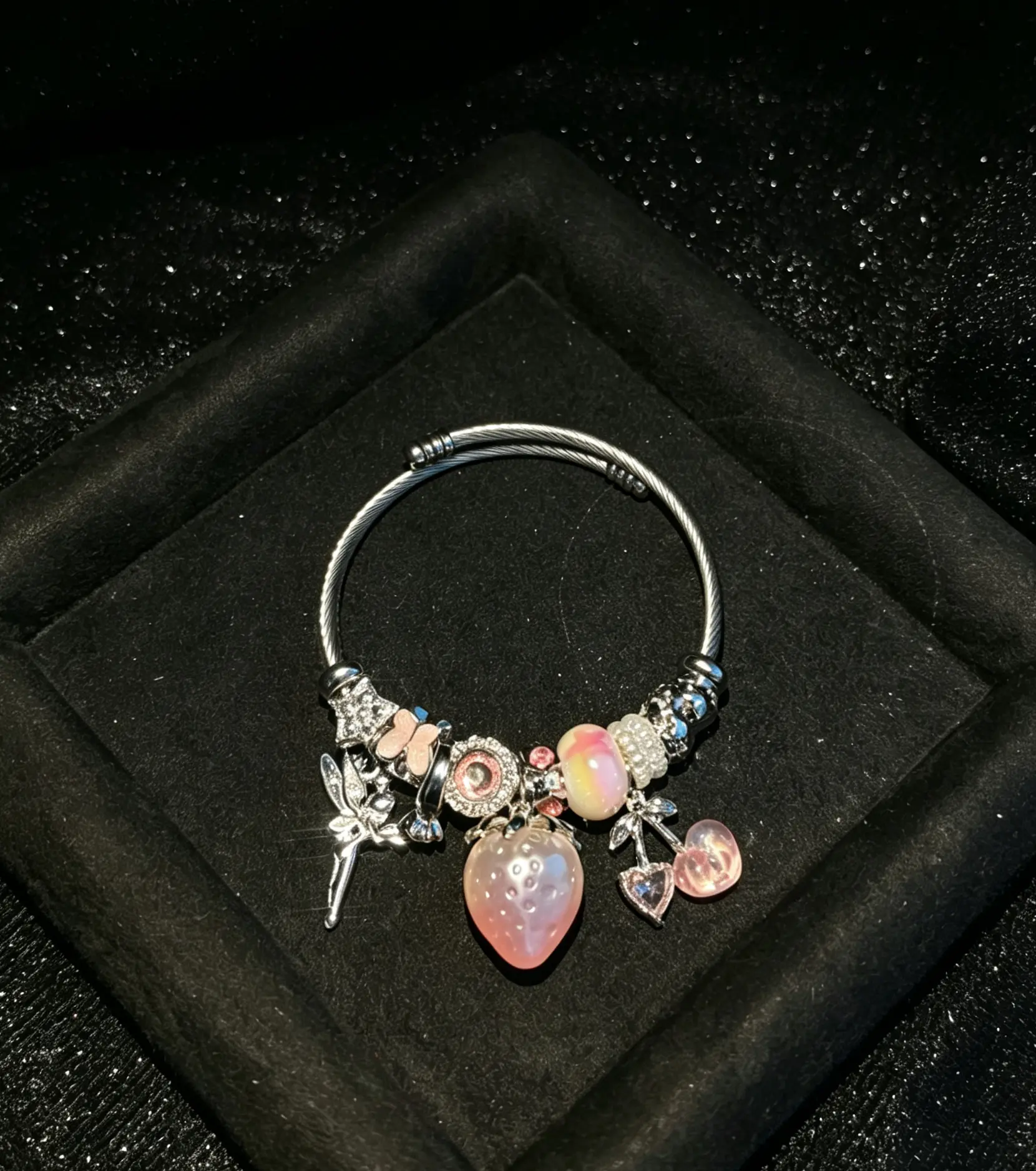 Silver-Tone Open Adjustable Wire Bangle - Pink Strawberry Cherry Charm Bracelet with Cute Fairy Star Dangle