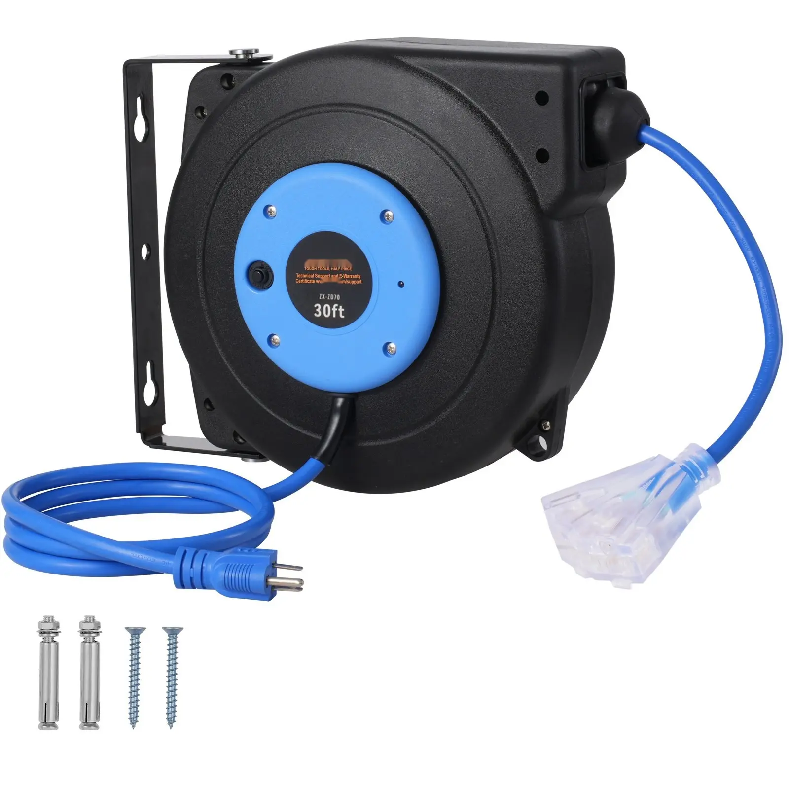 Retractable Extension Cord Reel For Indoor Outdoor Use, 30 Ft, 16 AWG, 3 Conductor SJTOW Wire, Heavy Duty Portable Cable Reel With Tangle-Resistant Design, Wall Mount Compatible, Ideal For Garage, Workshop