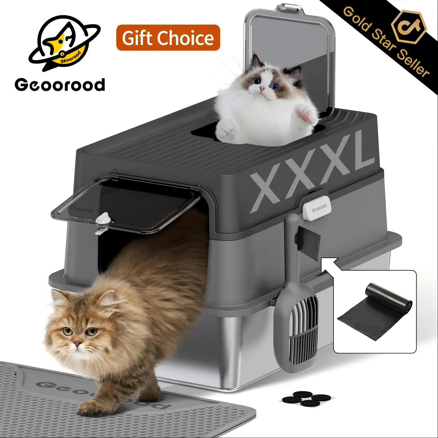 【Geoorood】Geoorood XXL Cat Litter Box Stainless Steel 20L with Lid,  XL Large Metal Litter Box High Sided Design,Anti-Urine Leakage, Include Cat Mat & Litter Scoop, Never Absorbs Odors, Easy Cleaning, Non-Sticky#DealsforYouDays #SummerWins,back to school