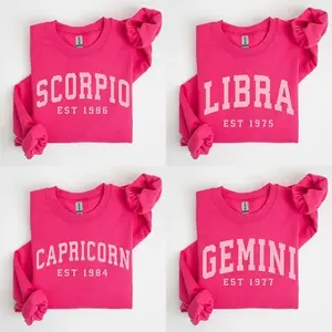 (LEAVE A NOTE OR DM SHOP) Custom Zodiac Sweatshirt- Pink (Heliconia), Personalized Year Astrology Pullover, Black Unisex Crewneck, Cute Horoscope Birthday Gift, Celestial Sign Outfit 2026