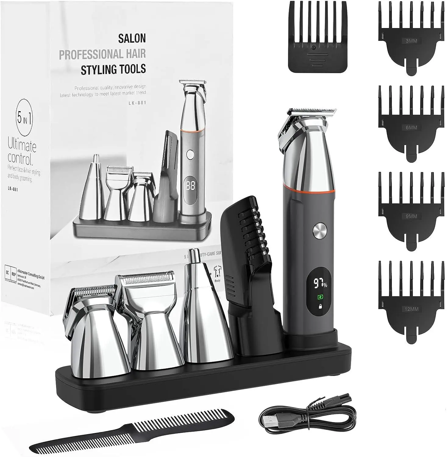 5‑in‑1 Magnetic Attachments Hair Clippers for Men, Cordless Rechargeable Multifunctional Grooming Trimmer Kit with LED Digital Display, Precision T‑Blade, Guide Combs & Charging Dock, Home Family Hair Cutting Grooming Set
