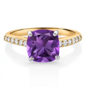 Gem Stone King 10K Yellow Gold 8MM Cushion Cut Purple Amethyst and White Lab Grown Diamond Engagement Ring For Women (2.28 Cttw, Gemstone February Birthstone)