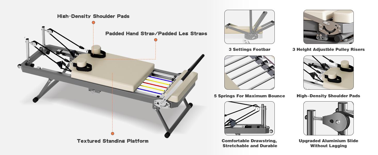 Nicole Selection Reformer Pilates Reformer Foldable Machine with 330.5lbs Weight Capacity, Complimentary Elastic Cords, Eco-Silicone Leather & Easy to Fold Storage Stretching Gear Gymnastics, 40JYHBPT, For Christmas Gifts Yoga Equipment Workout Bands