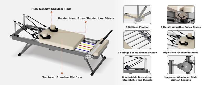 Nicole Selection Reformer Pilates Reformer Foldable Machine with 330.5lbs Weight Capacity, Complimentary Elastic Cords, Eco-Silicone Leather & Easy to Fold Storage Stretching Gear Gymnastics, 40JYHBPT, For Christmas Gifts Yoga Equipment Workout Bands