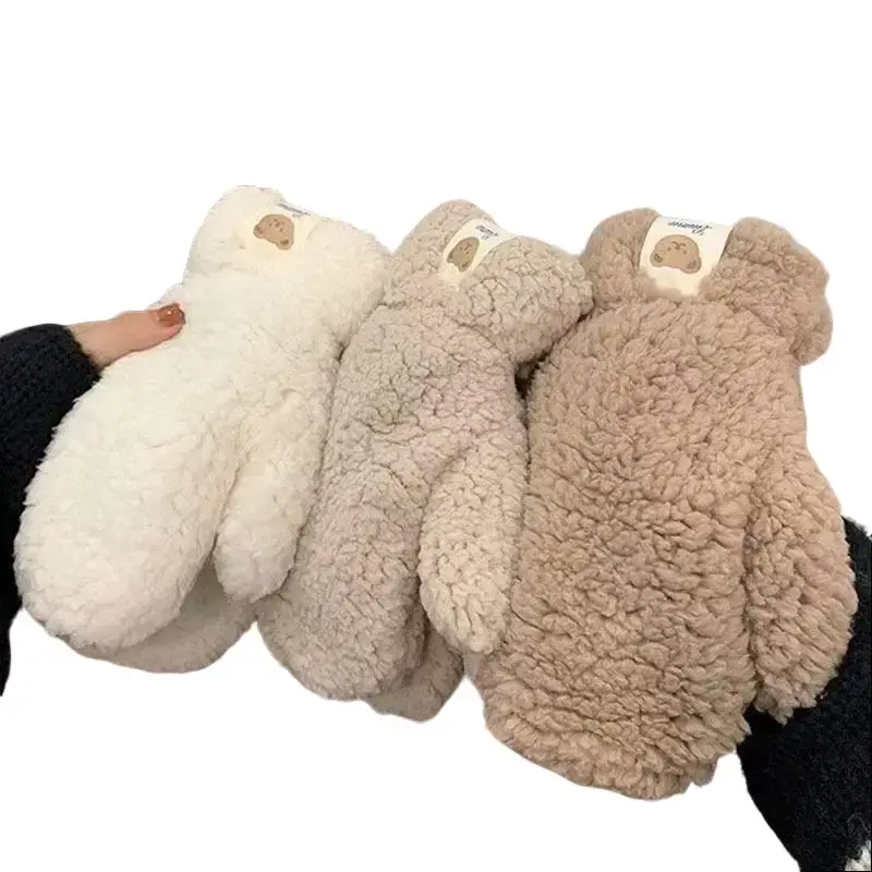 Lamb Fleece Bear Gloves for Women Thickened Cold-Resistant Machine Washable Campus Daily Fingerless