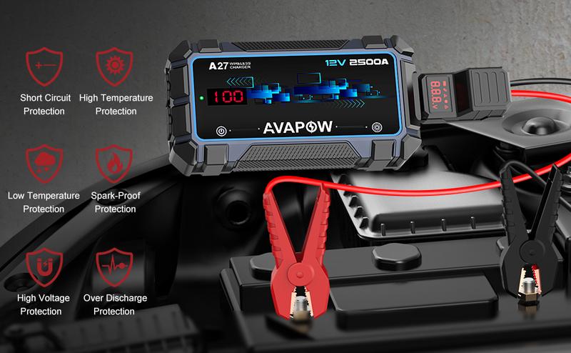 AVAPOW 2500A Peak Car Jump Starter, Portable for Up to 8L Gas/8L Diesel Engines, with Booster Function, Wireless Charging, 12V Lithium Jump Pack,Mather's Day
