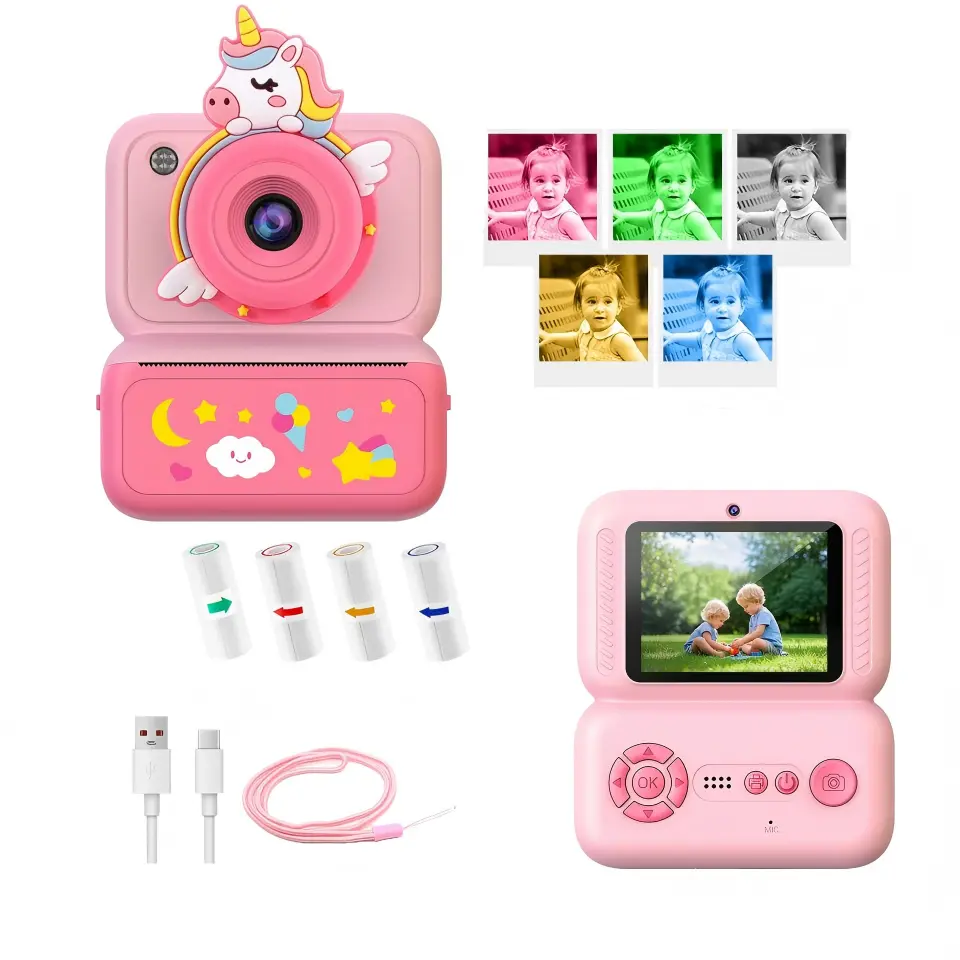 Kids Instant Print Camera, 2.4" HD Screen Instant Camera, Dual 3MP Kids Camera, 1080P Video, MP3 & Games, Includes Printing Paper & Lanyard, Gift for Boys & Girls