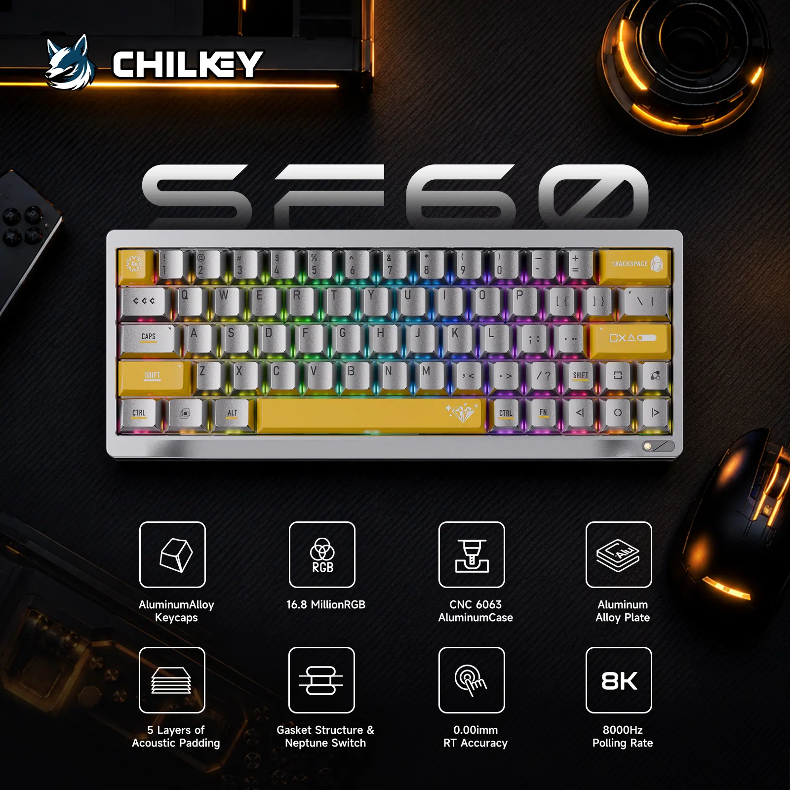 Chilkey SF60 HE Hall Effect Magnetic Switch Wired Mechanical Gaming Keyboard - Hot-Swappable, RGB Backlit, Full-Aluminium Frame, High Precision, Custom Setup, Multiple Colors, Desktop Keyboards for Gamers/Pro Users