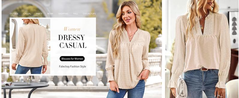 Mundoven Boho Tops for Women V Neck Blouses Flowy Swiss Dot Dressy Casual Lace Womens Long Sleeve Shirts Trendy 2026