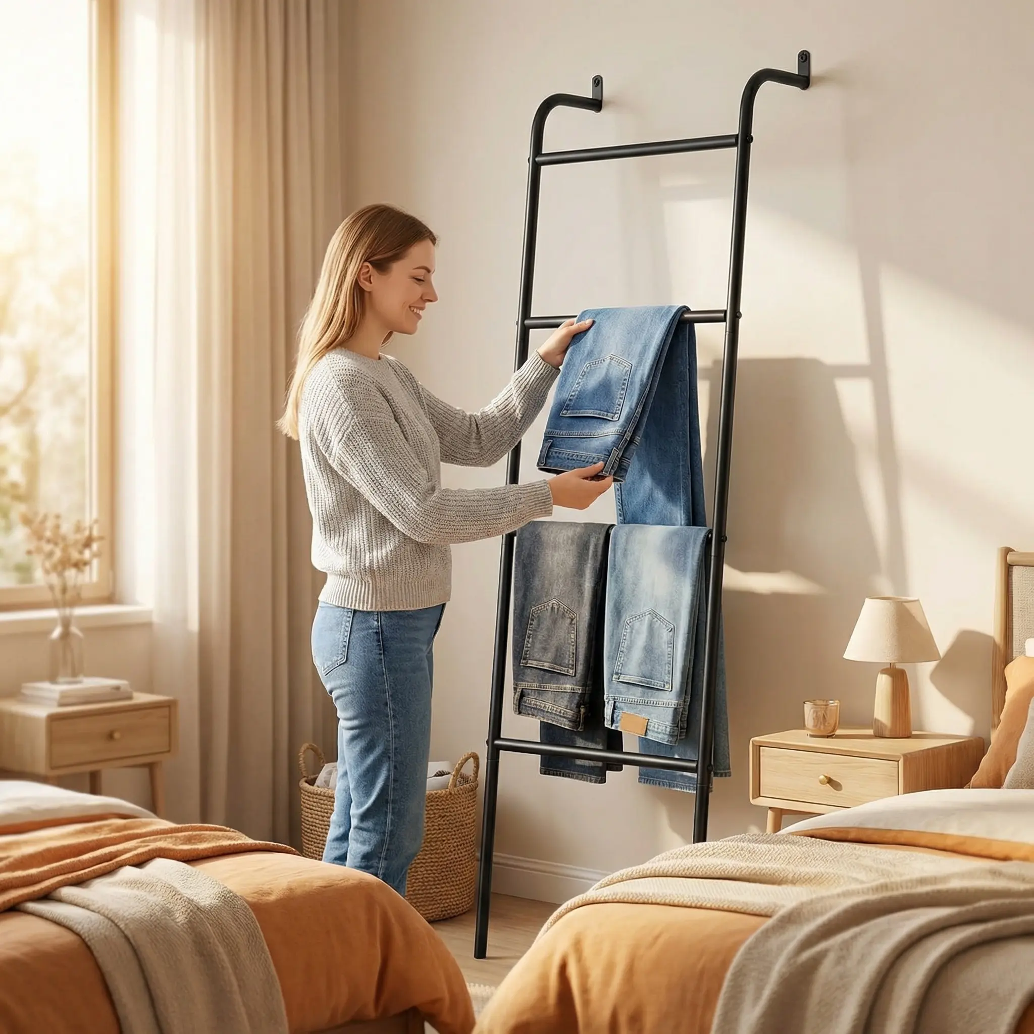 SUOERNUO 4-Layer Metal Towel Rack & Blanket Ladder, Wall-Leaning Organizer with Spray Function, Durable Stable Space-Saving Storage Shelf for Bathroom, Living Room Decor